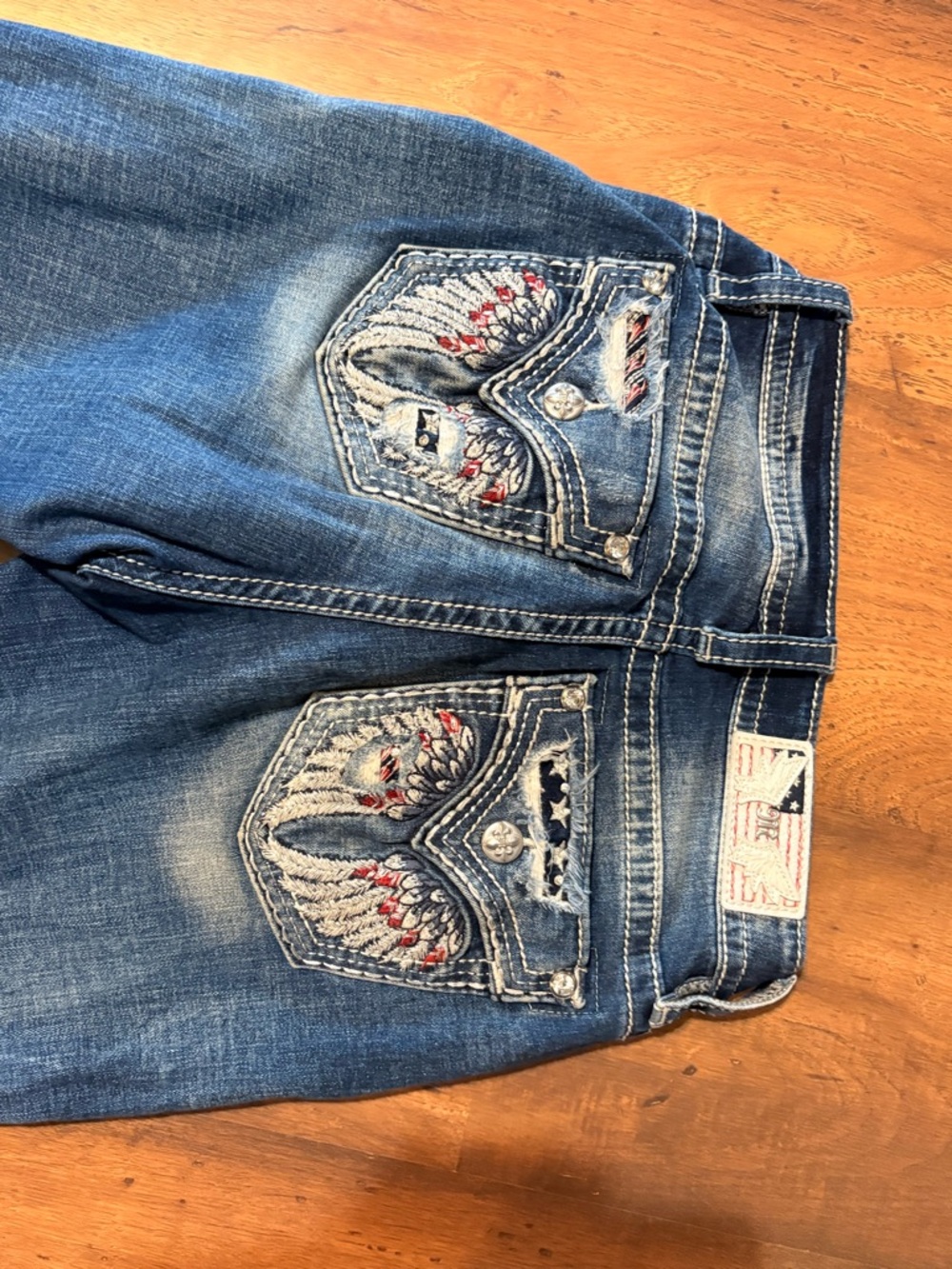 Miss Me Blue Embroidered Boot Cut Jeans with Wing Pocket Detail